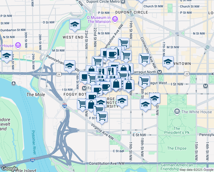 map of restaurants, bars, coffee shops, grocery stores, and more near 2100 Pennsylvania Avenue Northwest in Washington