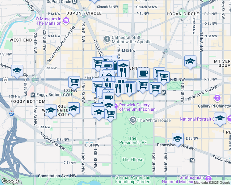 map of restaurants, bars, coffee shops, grocery stores, and more near 1634 I Street Northwest in Washington