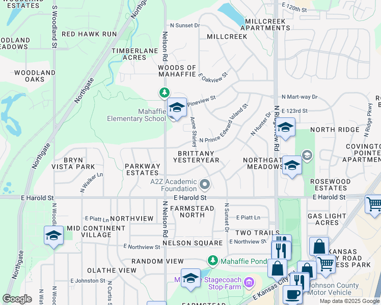 map of restaurants, bars, coffee shops, grocery stores, and more near 1263 North Lucy Montgomery Way in Olathe