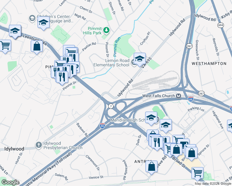 map of restaurants, bars, coffee shops, grocery stores, and more near 7308 Idylwood Road in Falls Church