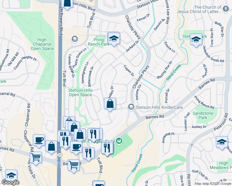 map of restaurants, bars, coffee shops, grocery stores, and more near 6245 Boscomb Place in Colorado Springs