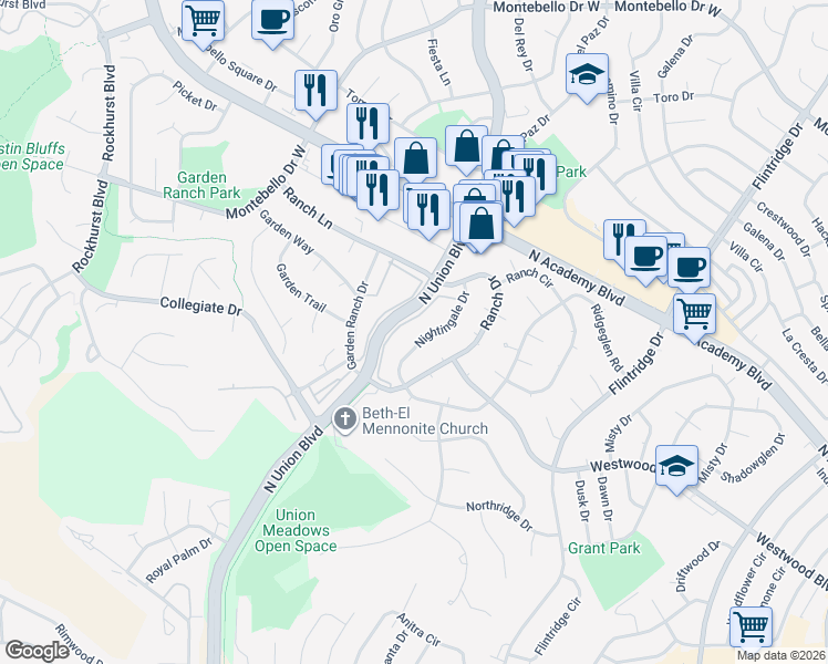 map of restaurants, bars, coffee shops, grocery stores, and more near 4925 Ranch Drive in Colorado Springs