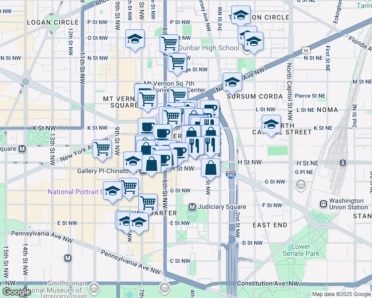 map of restaurants, bars, coffee shops, grocery stores, and more near 459 Massachusetts Avenue Northwest in Washington