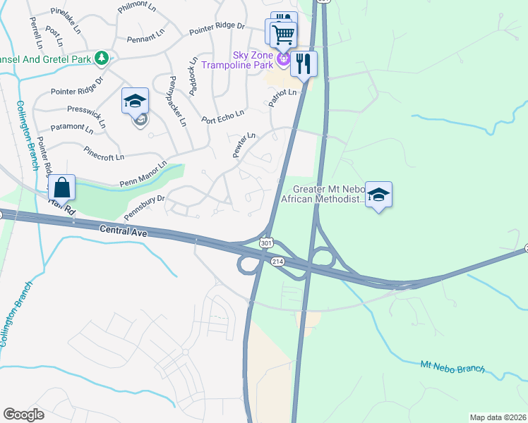 map of restaurants, bars, coffee shops, grocery stores, and more near 817 Pleasant Hill Lane in Bowie