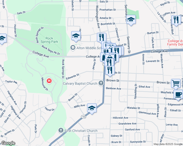 map of restaurants, bars, coffee shops, grocery stores, and more near 1524 Jersey Street in Alton