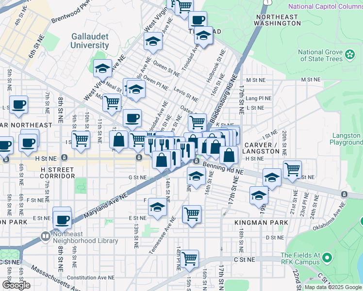 map of restaurants, bars, coffee shops, grocery stores, and more near 1409 Morse Street Northeast in Washington