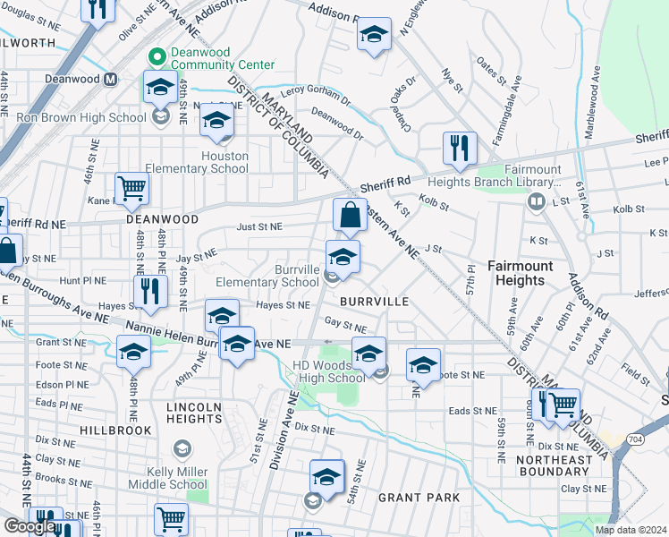 map of restaurants, bars, coffee shops, grocery stores, and more near 5300 James Place Northeast in Washington