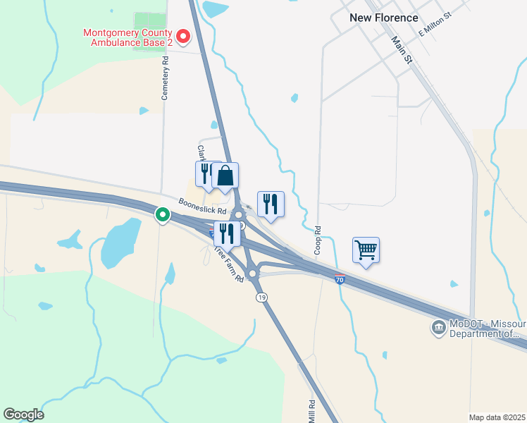 map of restaurants, bars, coffee shops, grocery stores, and more near 447 Booneslick Road in New Florence