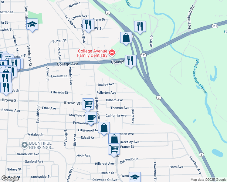 map of restaurants, bars, coffee shops, grocery stores, and more near 3450 Fullerton Avenue in Alton