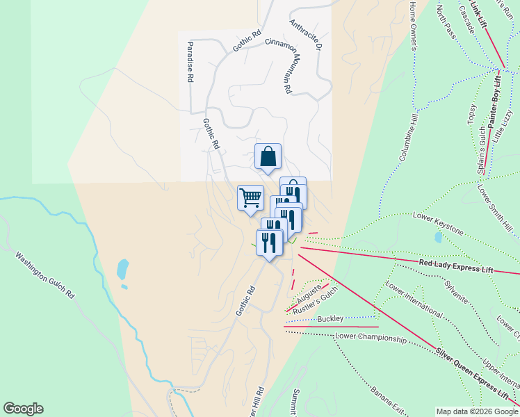 map of restaurants, bars, coffee shops, grocery stores, and more near 6 Emmons Road in Crested Butte