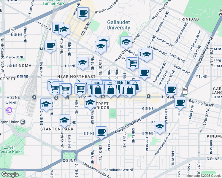 map of restaurants, bars, coffee shops, grocery stores, and more near 827 9th Street Northeast in Washington