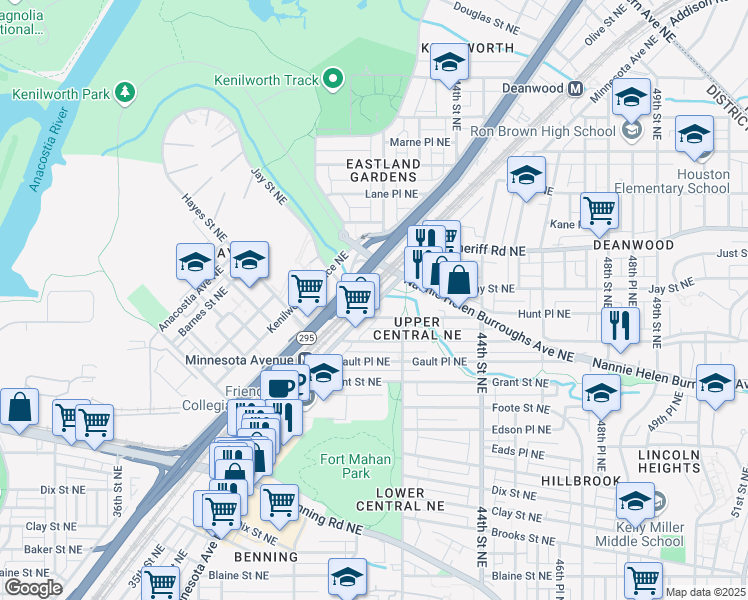 map of restaurants, bars, coffee shops, grocery stores, and more near 4180 Minnesota Avenue Northeast in Washington