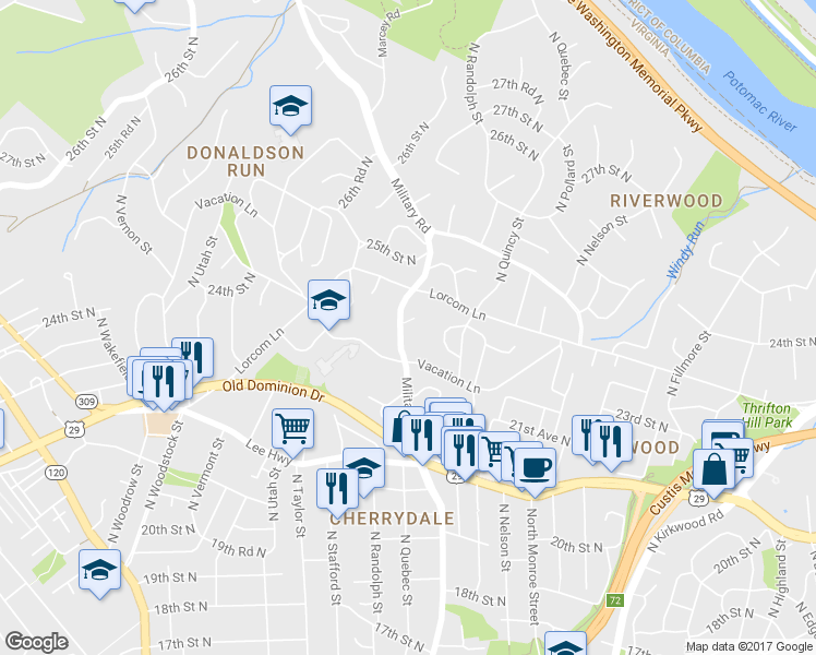 map of restaurants, bars, coffee shops, grocery stores, and more near 2282 Military Road in Arlington