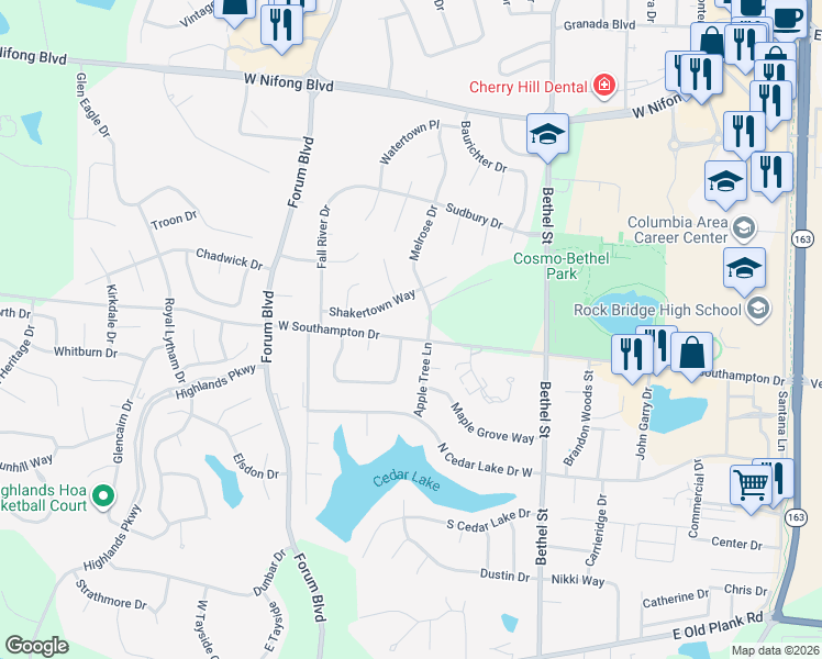 map of restaurants, bars, coffee shops, grocery stores, and more near 541 West Southampton Drive in Columbia