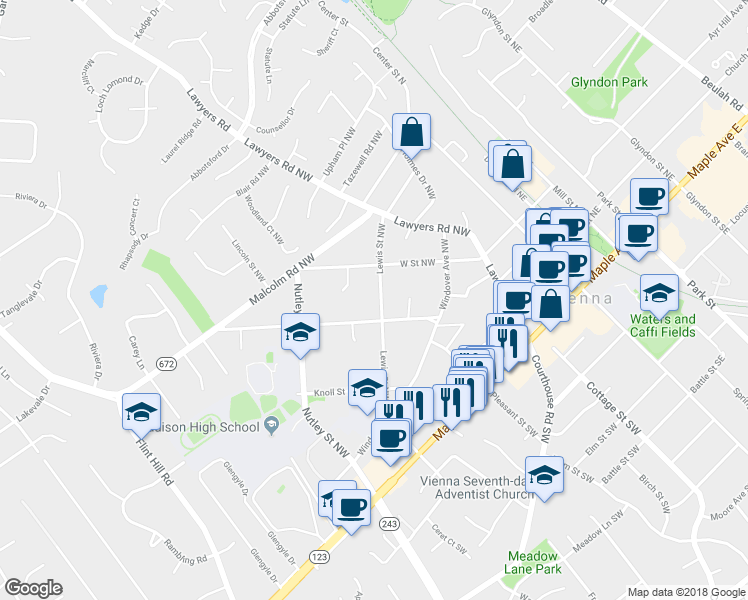 map of restaurants, bars, coffee shops, grocery stores, and more near 432 Lewis Street Northwest in Vienna