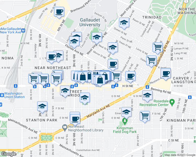 map of restaurants, bars, coffee shops, grocery stores, and more near 101 Independence Avenue Southeast in Washington