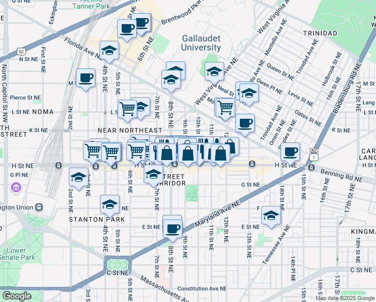 map of restaurants, bars, coffee shops, grocery stores, and more near 827 9th Street Northeast in Washington