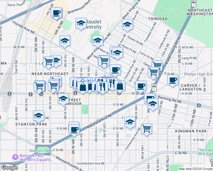 map of restaurants, bars, coffee shops, grocery stores, and more near 101 Independence Avenue Southeast in Washington