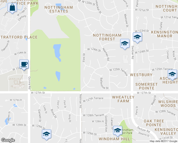 map of restaurants, bars, coffee shops, grocery stores, and more near 12532 Nieman Road in Overland Park
