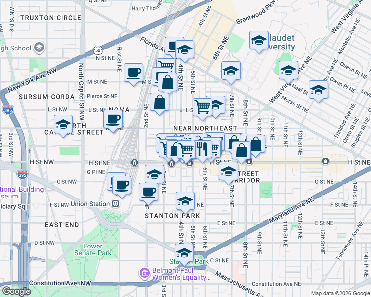 map of restaurants, bars, coffee shops, grocery stores, and more near 101 Independence Avenue Southeast in Washington