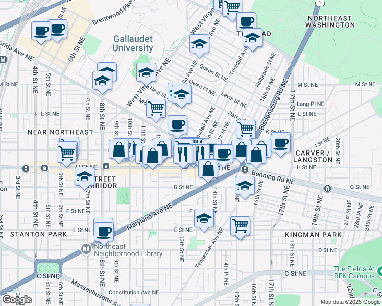 map of restaurants, bars, coffee shops, grocery stores, and more near 1323 I Street Northeast in Washington