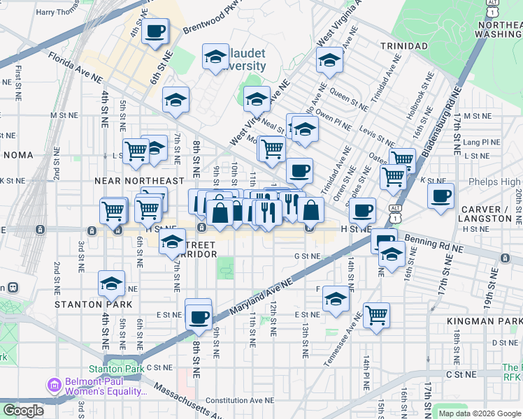 map of restaurants, bars, coffee shops, grocery stores, and more near 101 Independence Avenue Southeast in Washington