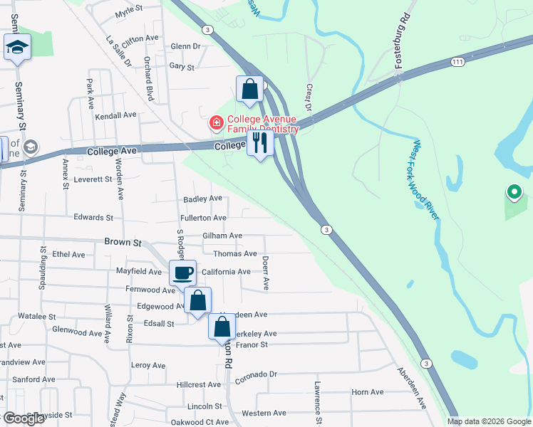 map of restaurants, bars, coffee shops, grocery stores, and more near 3561 Fullerton Avenue in Alton