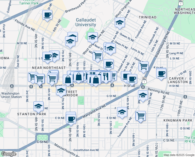 map of restaurants, bars, coffee shops, grocery stores, and more near 830 12th Street Northeast in Washington