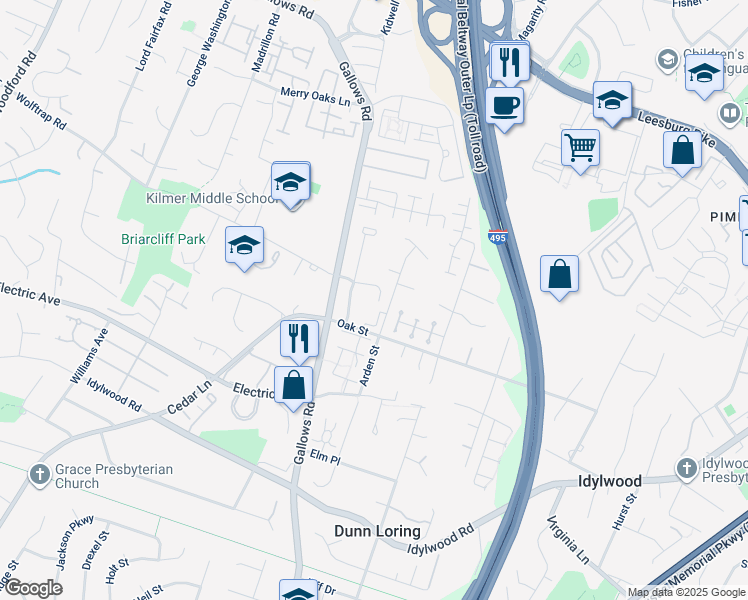 map of restaurants, bars, coffee shops, grocery stores, and more near 8017 Wolftrap Road in Dunn Loring