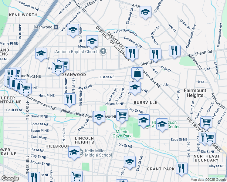 map of restaurants, bars, coffee shops, grocery stores, and more near 844 51st Street Northeast in Washington