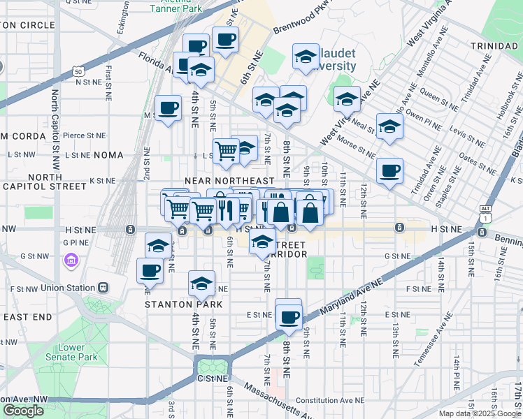 map of restaurants, bars, coffee shops, grocery stores, and more near 643 I Street Northeast in Washington