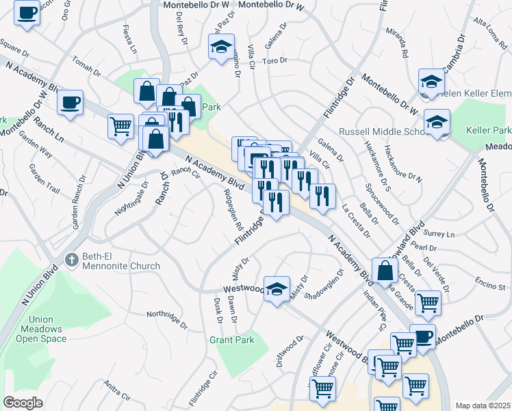 map of restaurants, bars, coffee shops, grocery stores, and more near 4760 Flintridge Drive in Colorado Springs