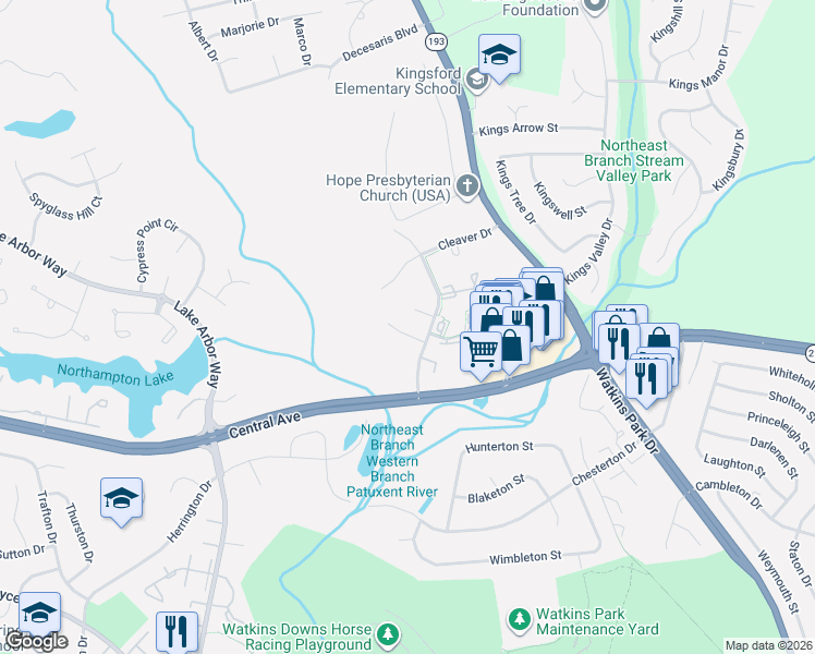 map of restaurants, bars, coffee shops, grocery stores, and more near 11808 Flora Lane in Bowie
