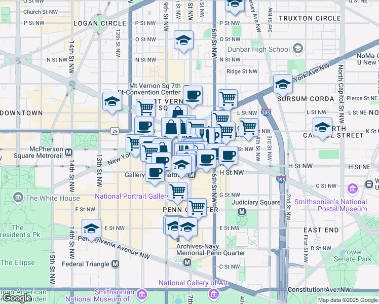 map of restaurants, bars, coffee shops, grocery stores, and more near 900 7th Street Northwest in Washington