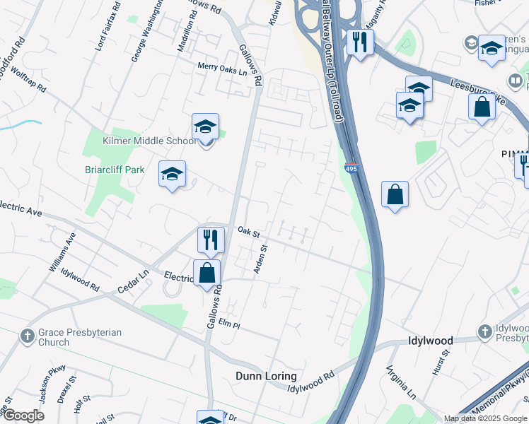 map of restaurants, bars, coffee shops, grocery stores, and more near 8017 Wolftrap Road in Dunn Loring