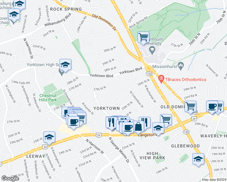 map of restaurants, bars, coffee shops, grocery stores, and more near 5001 26th Street North in Arlington