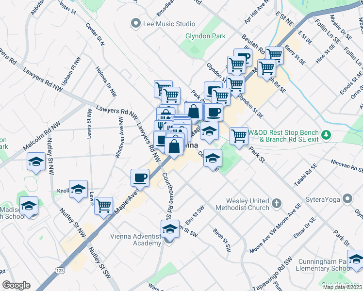 map of restaurants, bars, coffee shops, grocery stores, and more near 168 Maple Avenue West in Vienna