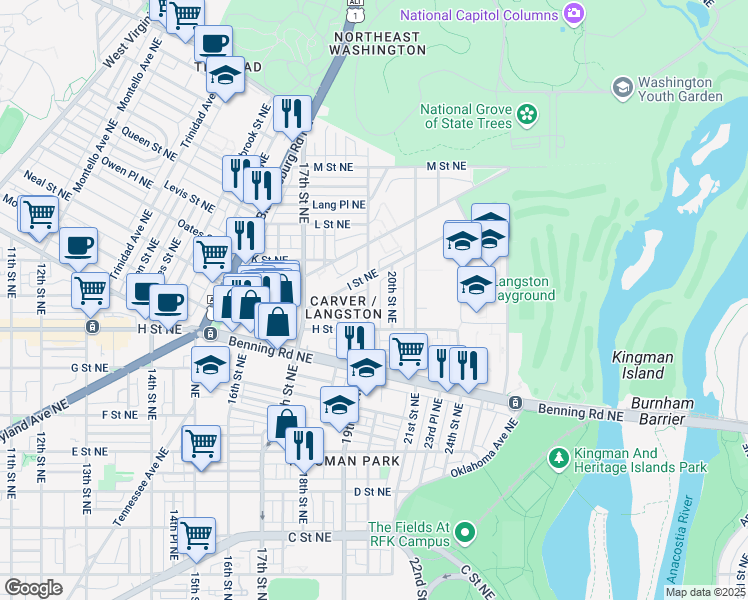 map of restaurants, bars, coffee shops, grocery stores, and more near 845 19th Street Northeast in Washington