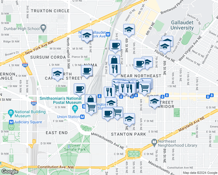 map of restaurants, bars, coffee shops, grocery stores, and more near 225 I Street Northeast in Washington