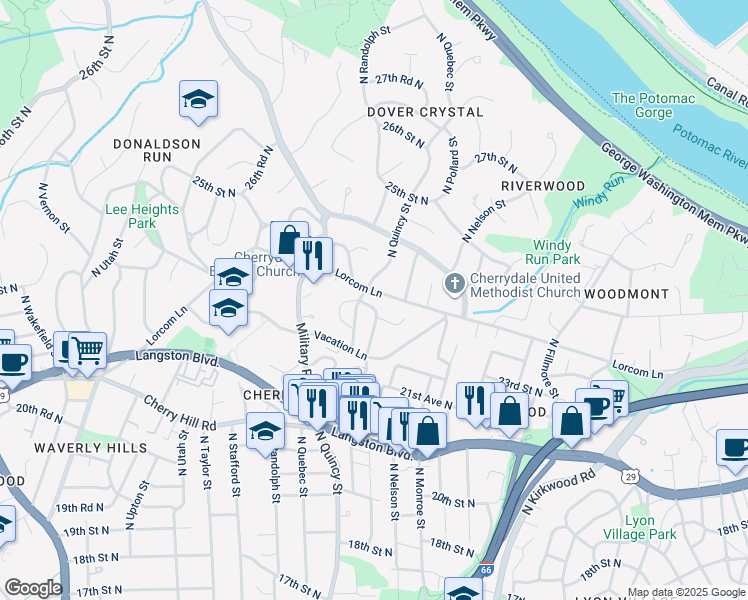 map of restaurants, bars, coffee shops, grocery stores, and more near 3820 Lorcom Lane in Arlington