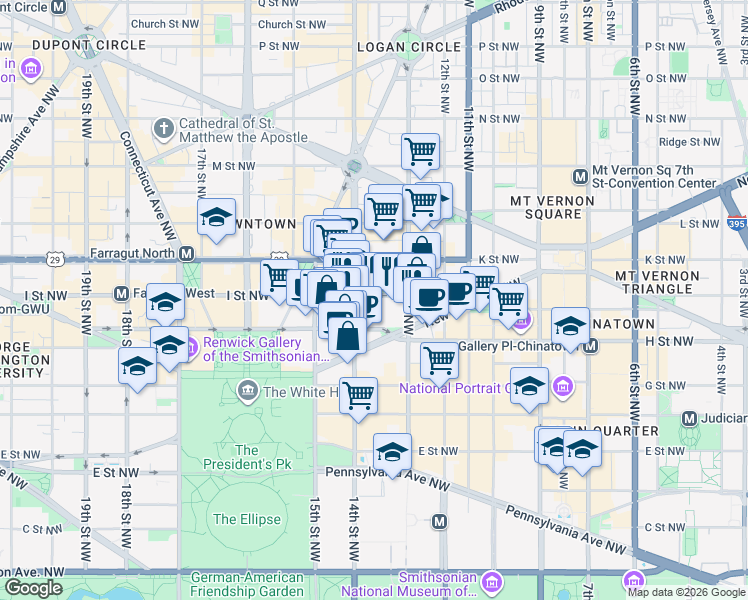 map of restaurants, bars, coffee shops, grocery stores, and more near 1350 I Street Northwest in Washington
