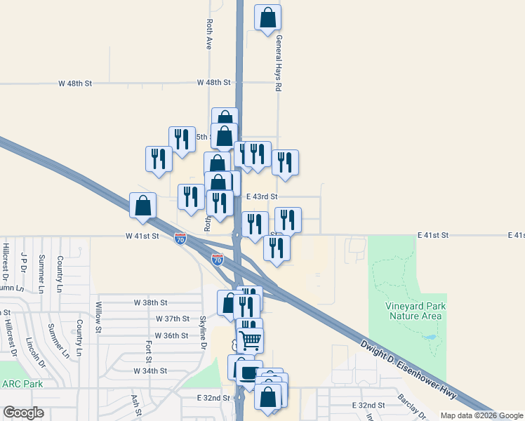 map of restaurants, bars, coffee shops, grocery stores, and more near 1011 41st Street in Hays