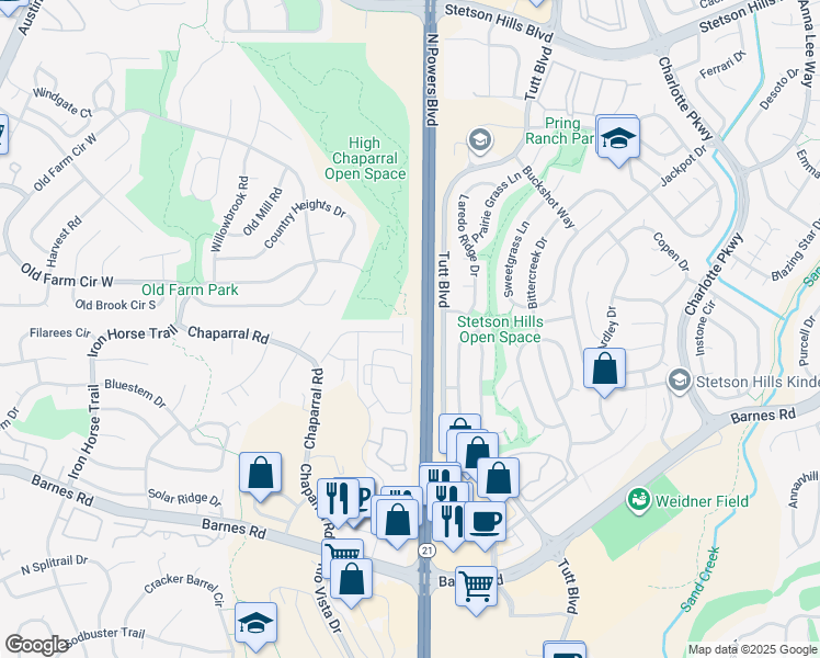 map of restaurants, bars, coffee shops, grocery stores, and more near 4468 Asher Heights in Colorado Springs