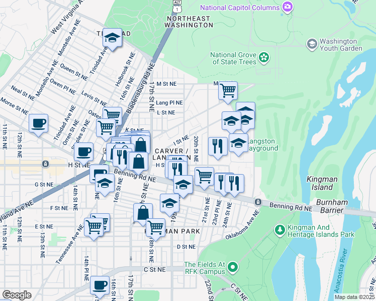 map of restaurants, bars, coffee shops, grocery stores, and more near 845 19th Street Northeast in Washington