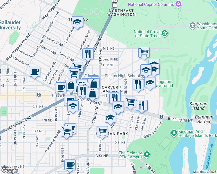 map of restaurants, bars, coffee shops, grocery stores, and more near 101 Independence Avenue Southeast in Washington
