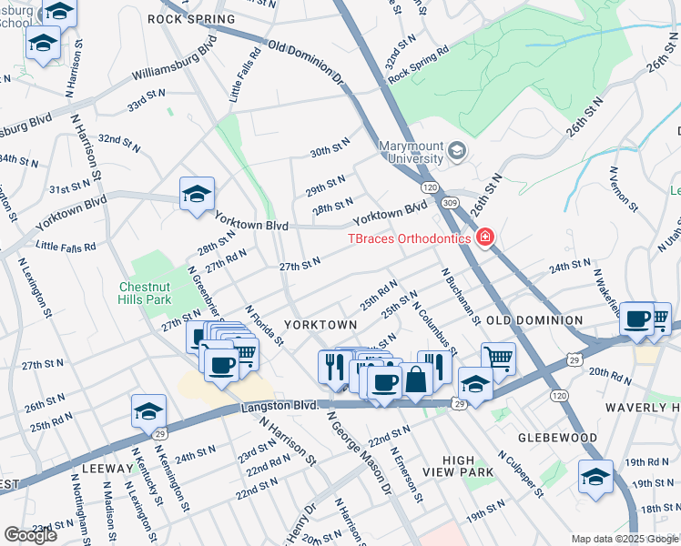 map of restaurants, bars, coffee shops, grocery stores, and more near 5001 26th Street North in Arlington