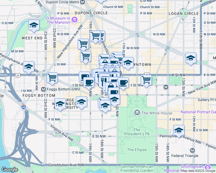 map of restaurants, bars, coffee shops, grocery stores, and more near 1722 I Street Northwest in Washington