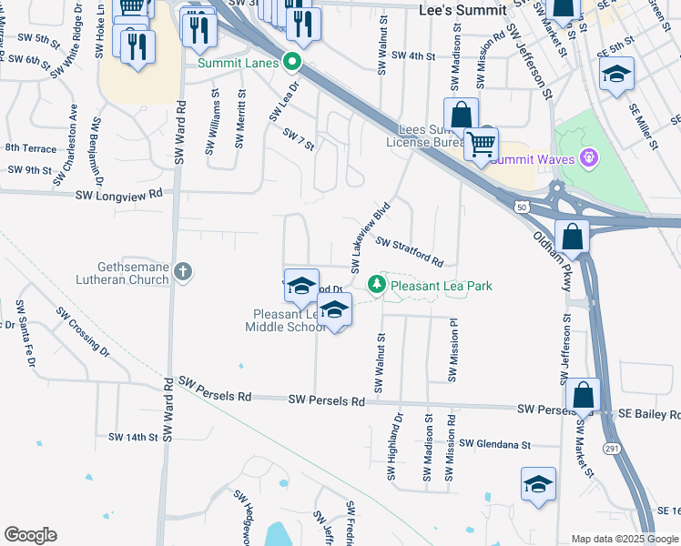map of restaurants, bars, coffee shops, grocery stores, and more near 1102 Southwest Lakeview Boulevard in Lee's Summit