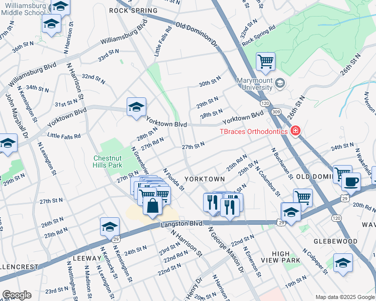 map of restaurants, bars, coffee shops, grocery stores, and more near 5062 27th Street North in Arlington
