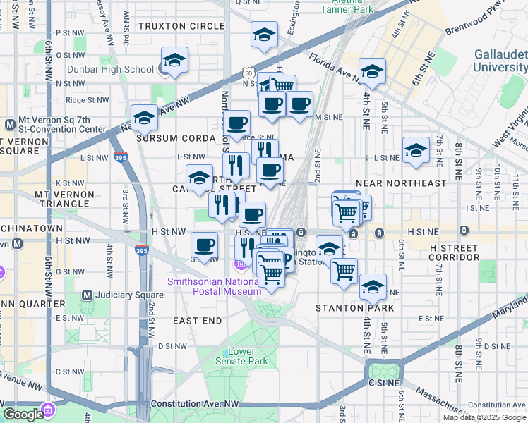 map of restaurants, bars, coffee shops, grocery stores, and more near 58 I Street Northeast in Washington